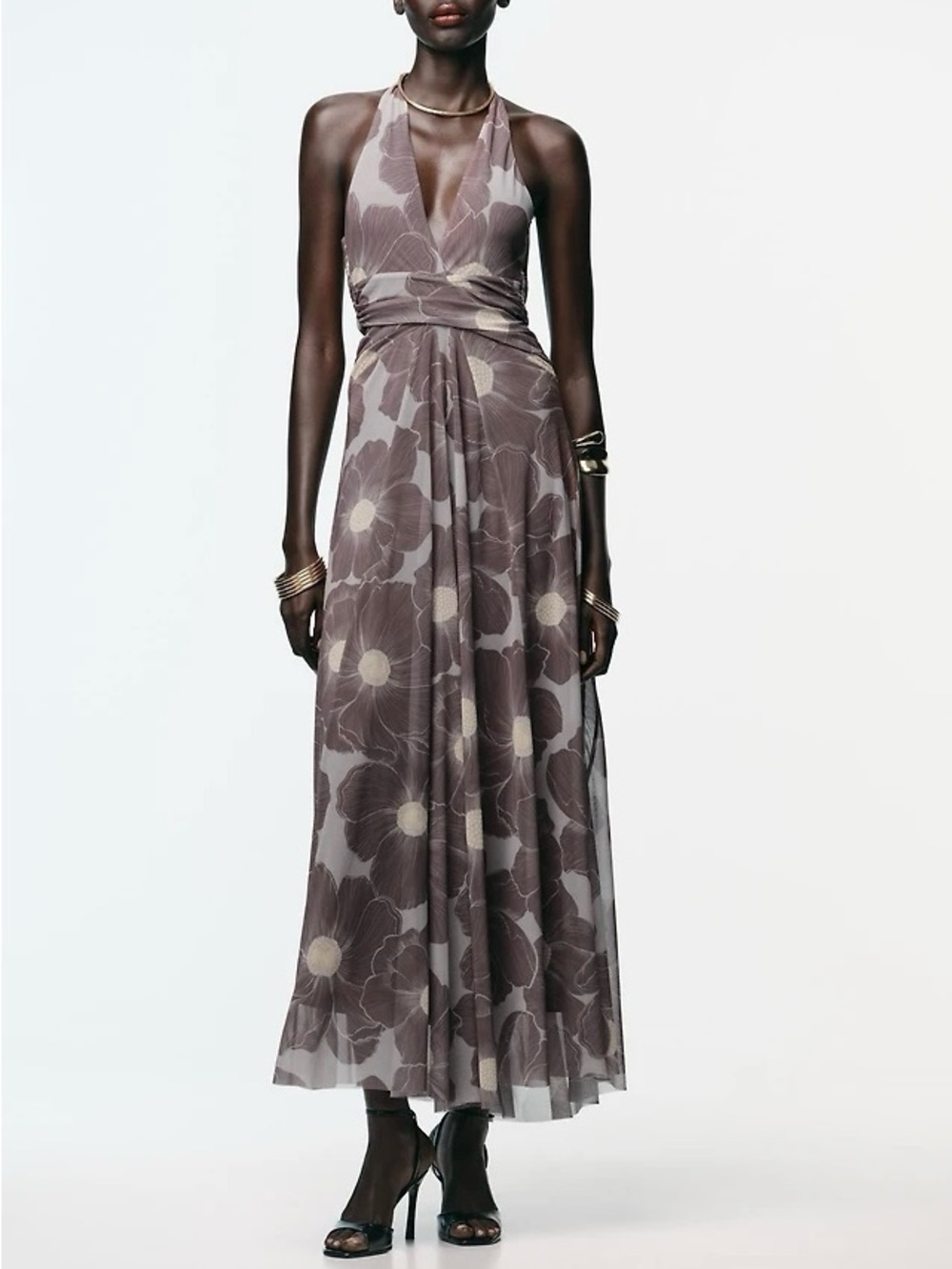 Zara Floral Tulle Midi Dress L Grey Cutout Halter Fairycore Wedding Guest
